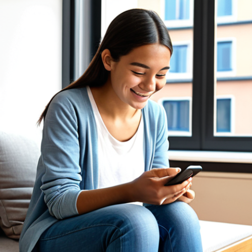 Home 6 **
A young woman happily using a smartphone app (like Duolingo) to learn a language. She's sitting comfortably on a sofa in a bright, modern living room, wearing casual but modest clothing. A window in the background shows a sunny day. The scene should convey the ease and fun of learning with technology. Capture perfect anatomy, correct proportions, natural pose, well-formed hands, and proper finger count. Safe for work, appropriate content, fully clothed, modest, family-friendly.
**