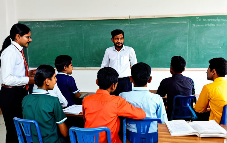 언어 교육 평가 방법 - "A modern language class in Bangladesh, students engaged in group discussion, teacher facilitating, ...