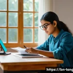 언어 교육에서의 읽기 훈련 - A focused young Bengali student studying in a quiet, well-lit room designed for language learning. T...