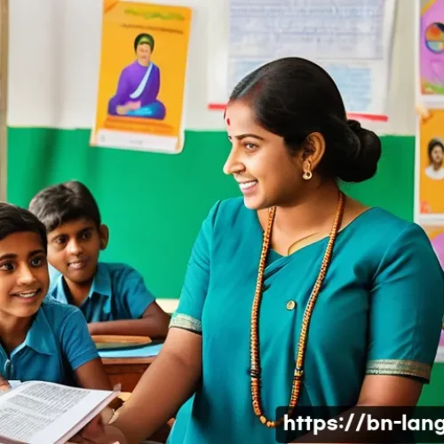 언어 교육에서의 태도와 가치 변화 - A vibrant classroom scene in Bangladesh showcasing a diverse group of Bengali students and a female ...