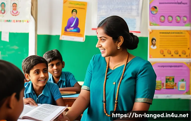 언어 교육에서의 태도와 가치 변화 - A vibrant classroom scene in Bangladesh showcasing a diverse group of Bengali students and a female ...