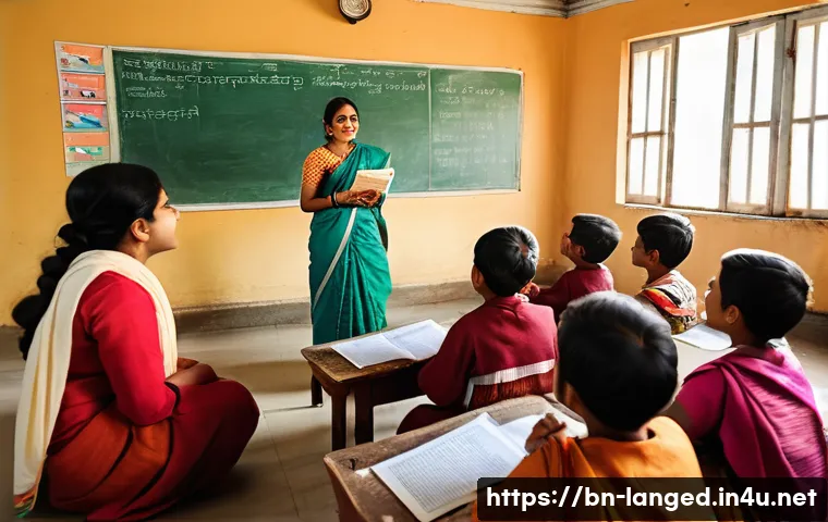 언어 교육의 사회적 요소 - A vibrant classroom scene in a Bengali cultural setting, showing a diverse group of students attenti...