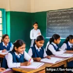 언어 교육에서의 진단적 평가 - A vibrant classroom scene in Bangladesh with Bengali-speaking students engaged in a group discussion...