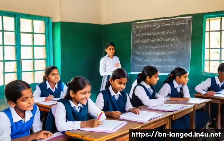 언어 교육에서의 진단적 평가 - A vibrant classroom scene in Bangladesh with Bengali-speaking students engaged in a group discussion...