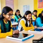 언어 교사의 전문성 개발 - A vibrant classroom scene featuring Bengali students using modern language learning apps on tablets ...