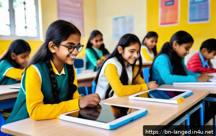 언어 교사의 전문성 개발 - A vibrant classroom scene featuring Bengali students using modern language learning apps on tablets ...
