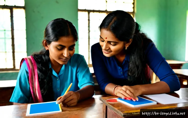 언어 교육에서의 학습 목표 설정 - Photorealistic classroom scene in Bangladesh, a Bengali language teacher and two adult learners coll...